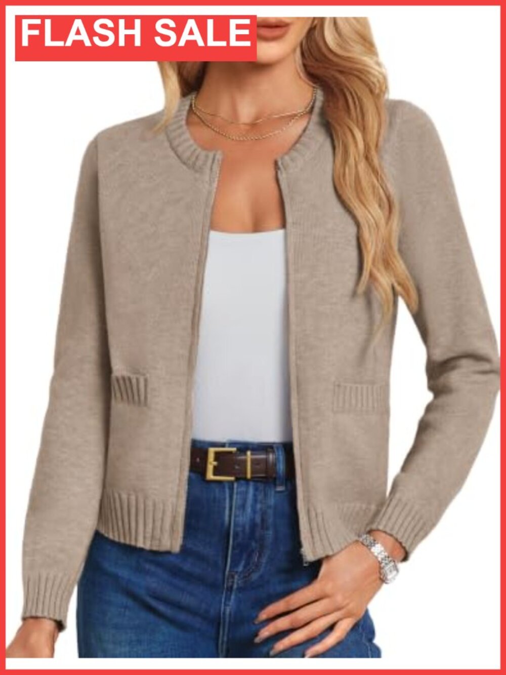 Ribbed Knit Cropped Zip Up Cardigan Crew Neck Side Pockets Long Sleeve